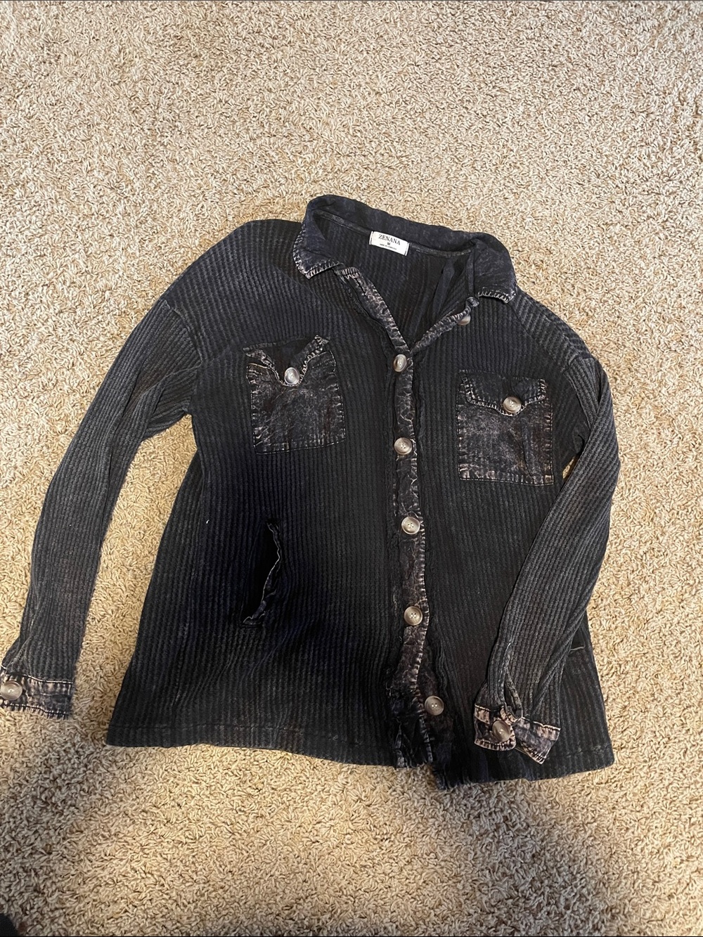 Women's Black Ribbed Button-Front Jean Jacket